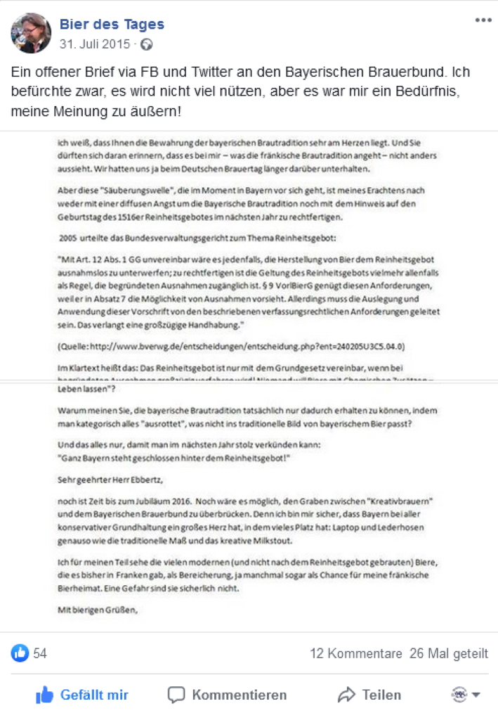 Norbert Krines: Offener Brief an den Bayerischen Brauerbund, Bier vor Ort, Bierreisen, Craft Beer, Brauerei, Reinheitsgebot